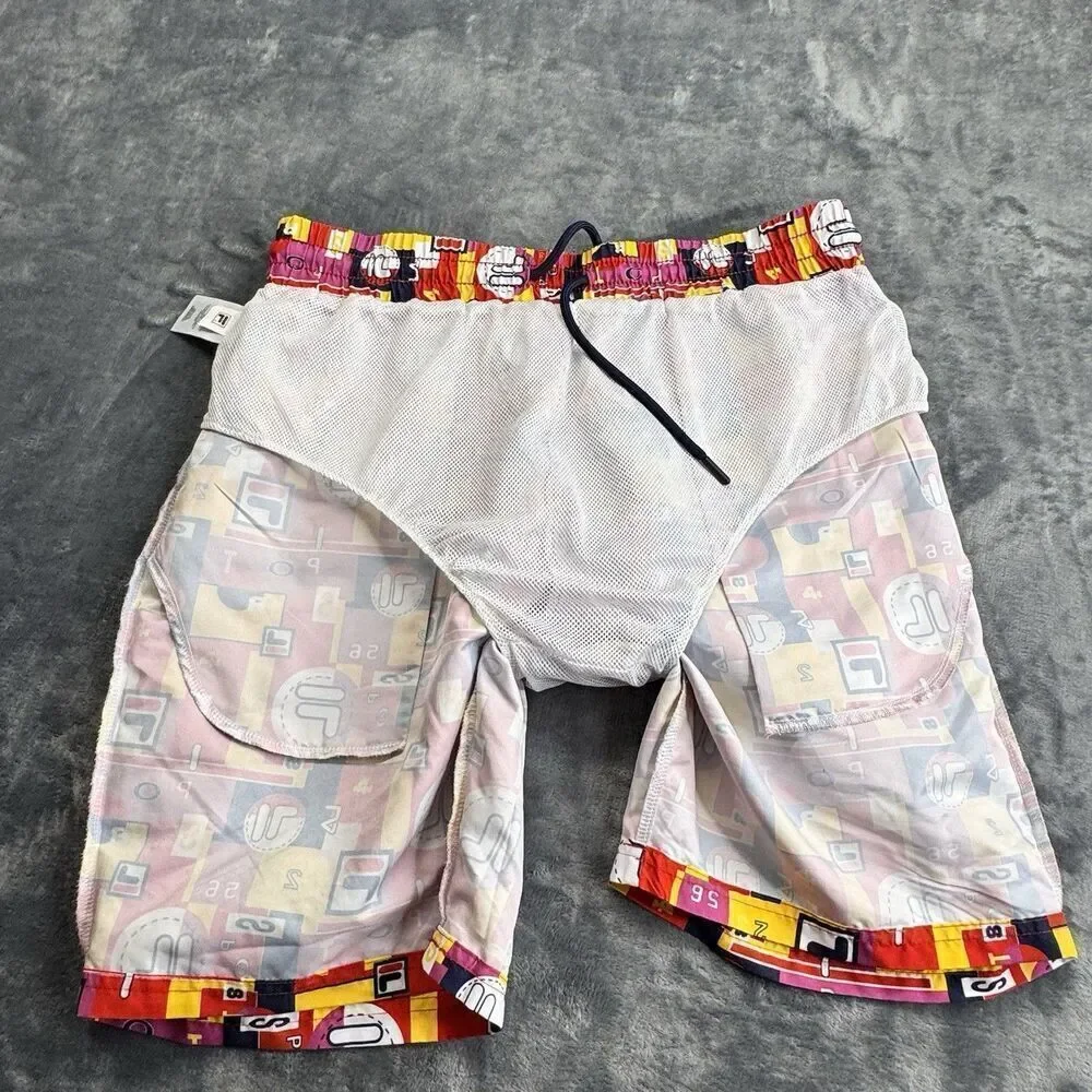 Vintage FILA Sz L Vibrant Geometric All Over Logo SPORT Shorts Swimming Trunks